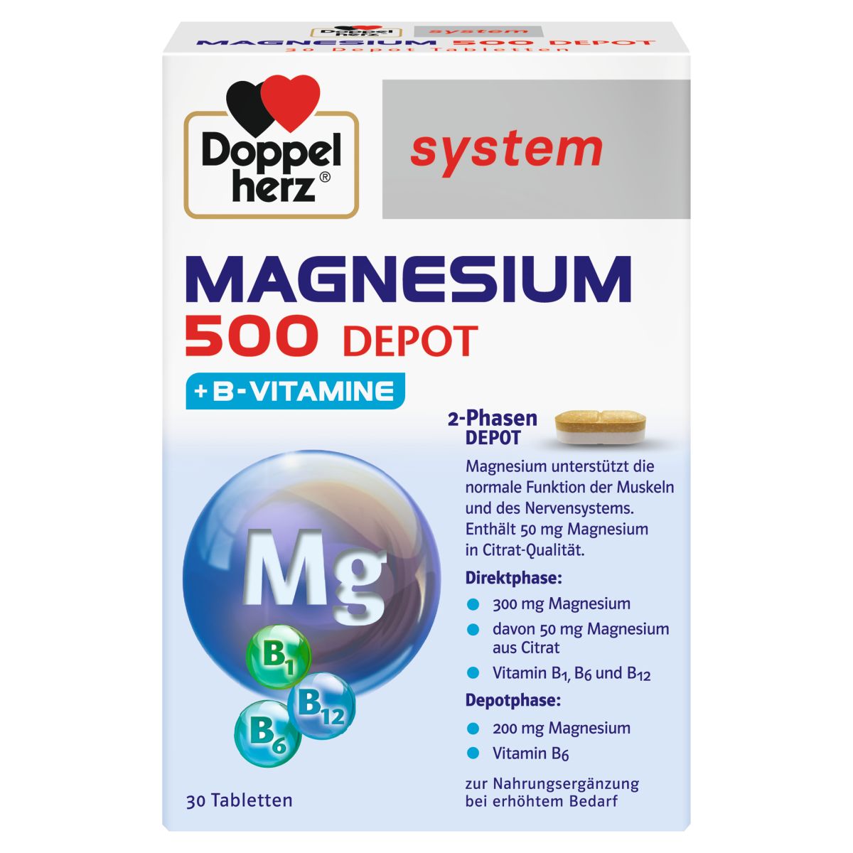 DOPPELHERZ SYSTEM MAGNEESIUM 500 DEPOT+B VITAMIINID TBL N30 - Product Image